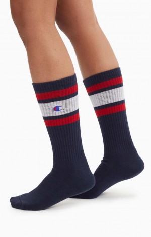 Calcetines Champion Stripe Acanalado Crew Socks Azules Oscuro | 9274-URXPJ