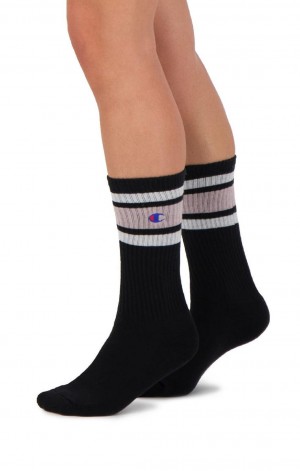 Calcetines Champion Stripe Acanalado Crew Socks Negras Rosas | 6798-MKAJC