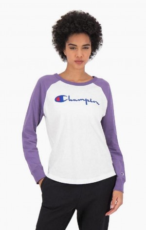 Camiseta Champion Raglan Sleeve Script Logo Baseball Top Blancas Moradas | 1675-ANDRK