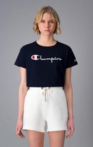 Camiseta Champion Script Logo Crew Neck T-Shirt Azules Oscuro | 2180-ZQJTK