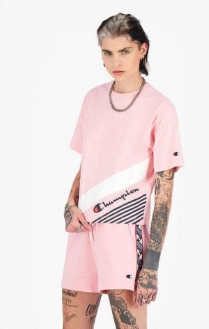 Camiseta Champion Stripe Detail Script Logo T-Shirt Rosas | 7631-GYEOF