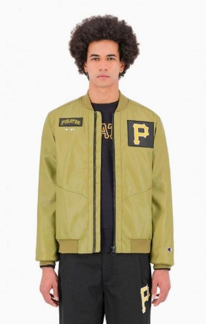 Chaquetas Champion Pittsburgh MLB Fake Cuero Bomber Jacket Verde Oliva Verde | 9045-ZJTLY