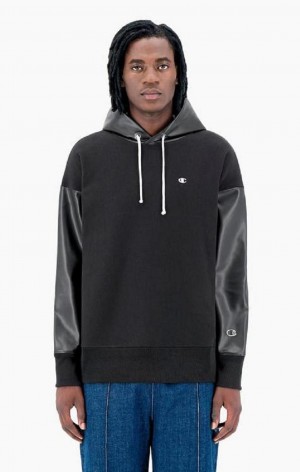 Sudadera con Capucha Champion Faux Cuero Panel Reverse Weave Hoodie Negras | 7516-AZHVD