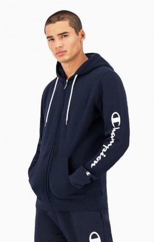 Sudadera con Capucha Champion Logo Sleeve Zip-Up Fleece Hoodie Azules Oscuro | 3274-BXZWQ