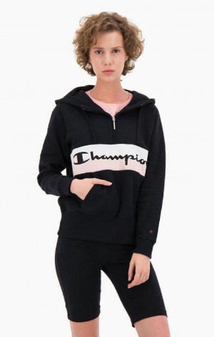 Sudadera con Capucha Champion Rib Insert Script Logo Half Zip-Up Hoodie Negras | 2436-DRBQX