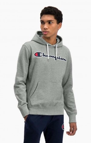 Sudadera con Capucha Champion Satin Script Logo Algodon Terry Hoodie Gris Oscuro | 6180-CDPFG