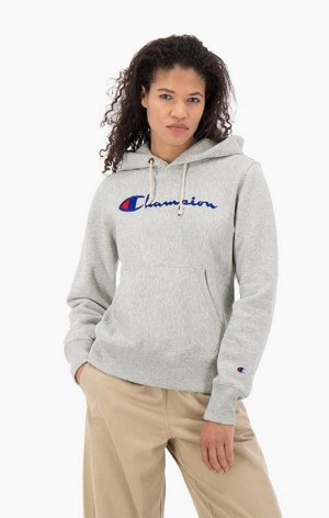 Sudadera con Capucha Champion Script Logo Reverse Weave Hoodie Gris Oscuro | 7901-TMXRN