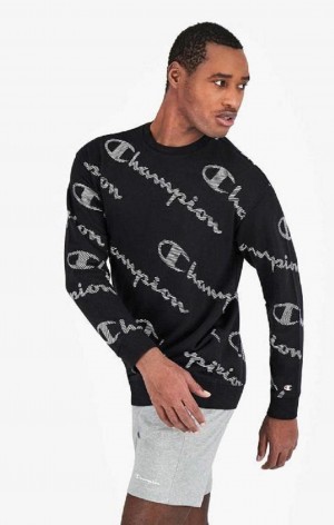 Sudaderas Champion All-Over A Rayas Effect Script Logo Print Sweatshirt Negras | 2437-ZJQBN