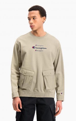 Sudaderas Champion Triple Script Logo Cargo Pocket Sweatshirt Beige | 1539-PLXKF