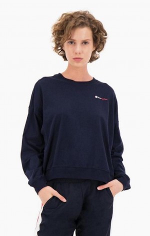 Sudaderas Champion Two Tone Logo Stripe Back Sweatshirt Azules Oscuro | 9875-NMSAP