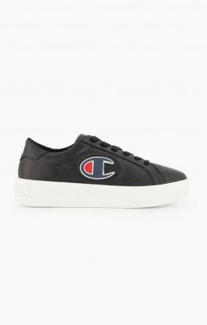 Zapatillas Champion C Logo Textured Cuero Plataforma Trainers Negras | 8725-HTGRF