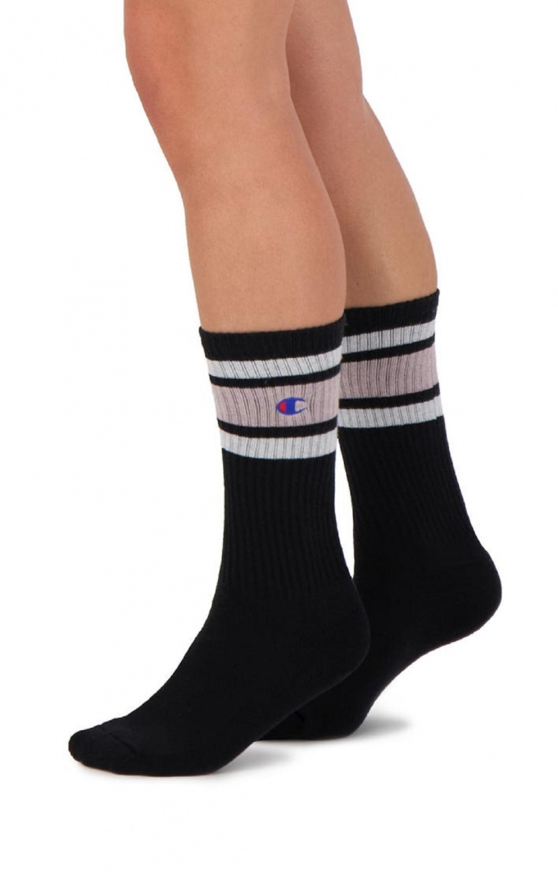 Calcetines Champion Stripe Acanalado Crew Socks Negras Rosas | 2765-IYXKV