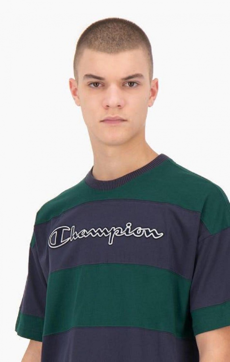 Camiseta Champion A Rayas Script Logo T-Shirt Verde | 4108-PNGXC