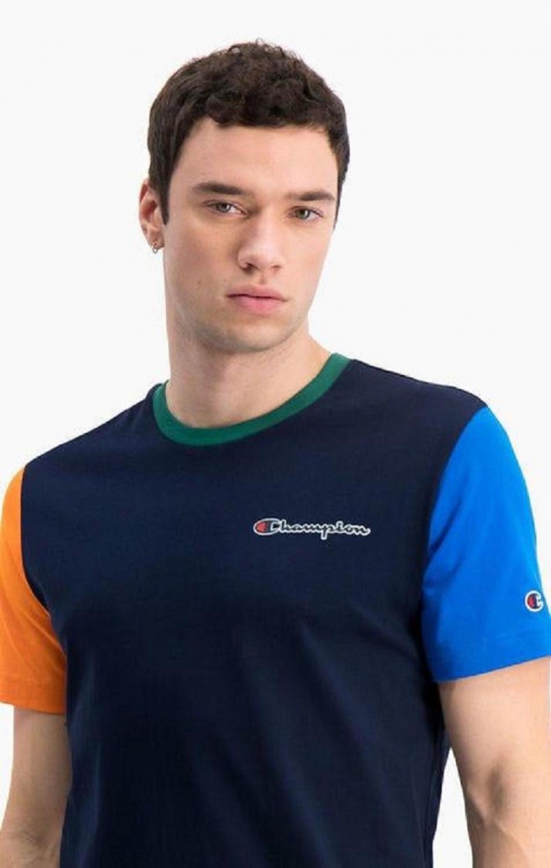 Camiseta Champion Contrast Colour Block Sleeve T-Shirt Azules Oscuro | 4257-NPWIG