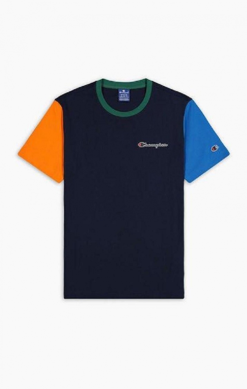 Camiseta Champion Contrast Colour Block Sleeve T-Shirt Azules Oscuro | 4257-NPWIG