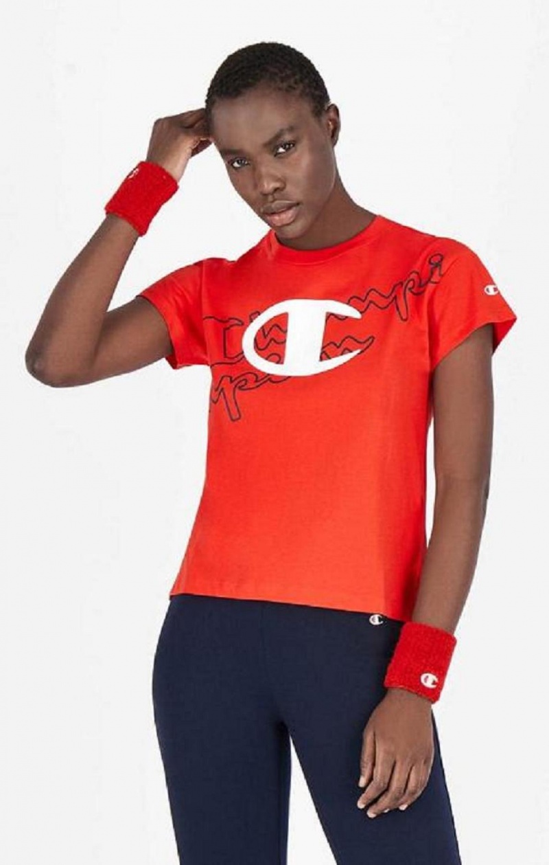 Camiseta Champion Multi Logo Cropped T-Shirt Rojas | 4972-BAHKP