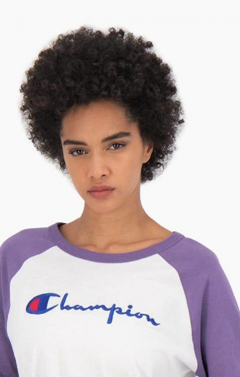 Camiseta Champion Raglan Sleeve Script Logo Baseball Top Blancas Moradas | 1675-ANDRK