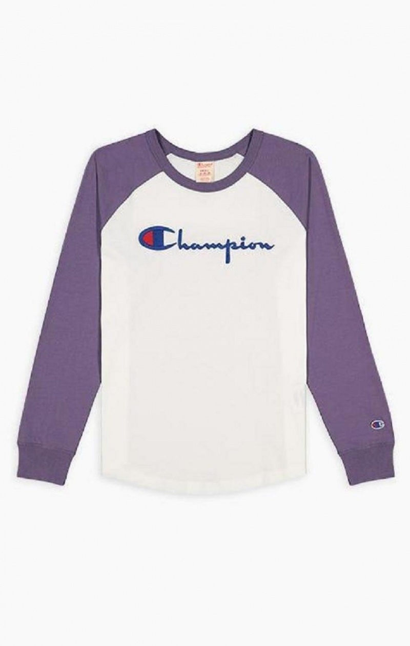 Camiseta Champion Raglan Sleeve Script Logo Baseball Top Blancas Moradas | 1675-ANDRK