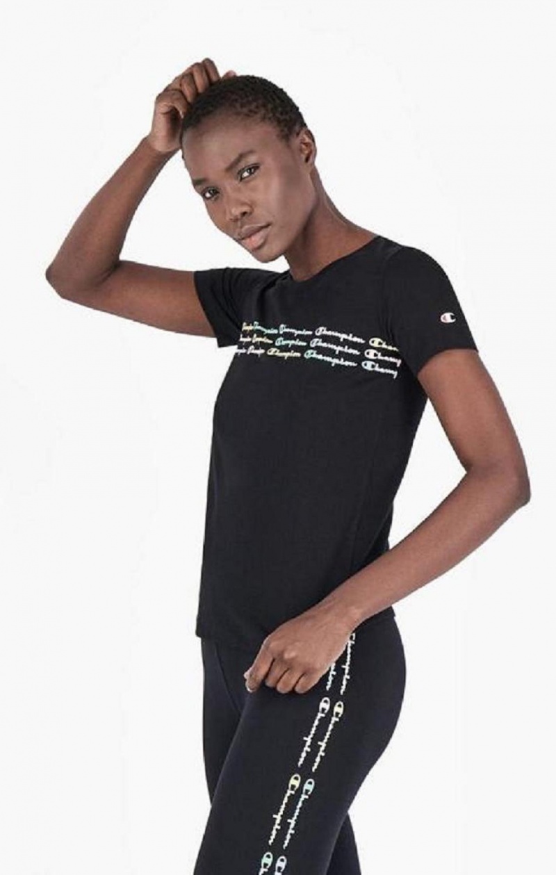 Camiseta Champion Rainbow Script Logo Print T-Shirt Negras | 9601-UEQRJ