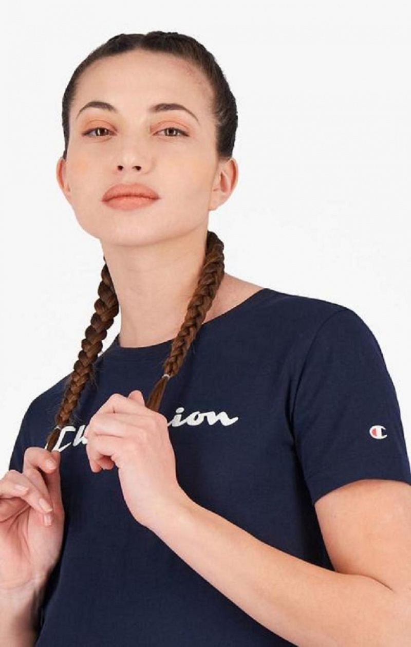 Camiseta Champion Rubber Script Logo T-Shirt Azules Oscuro | 7504-AVFHL