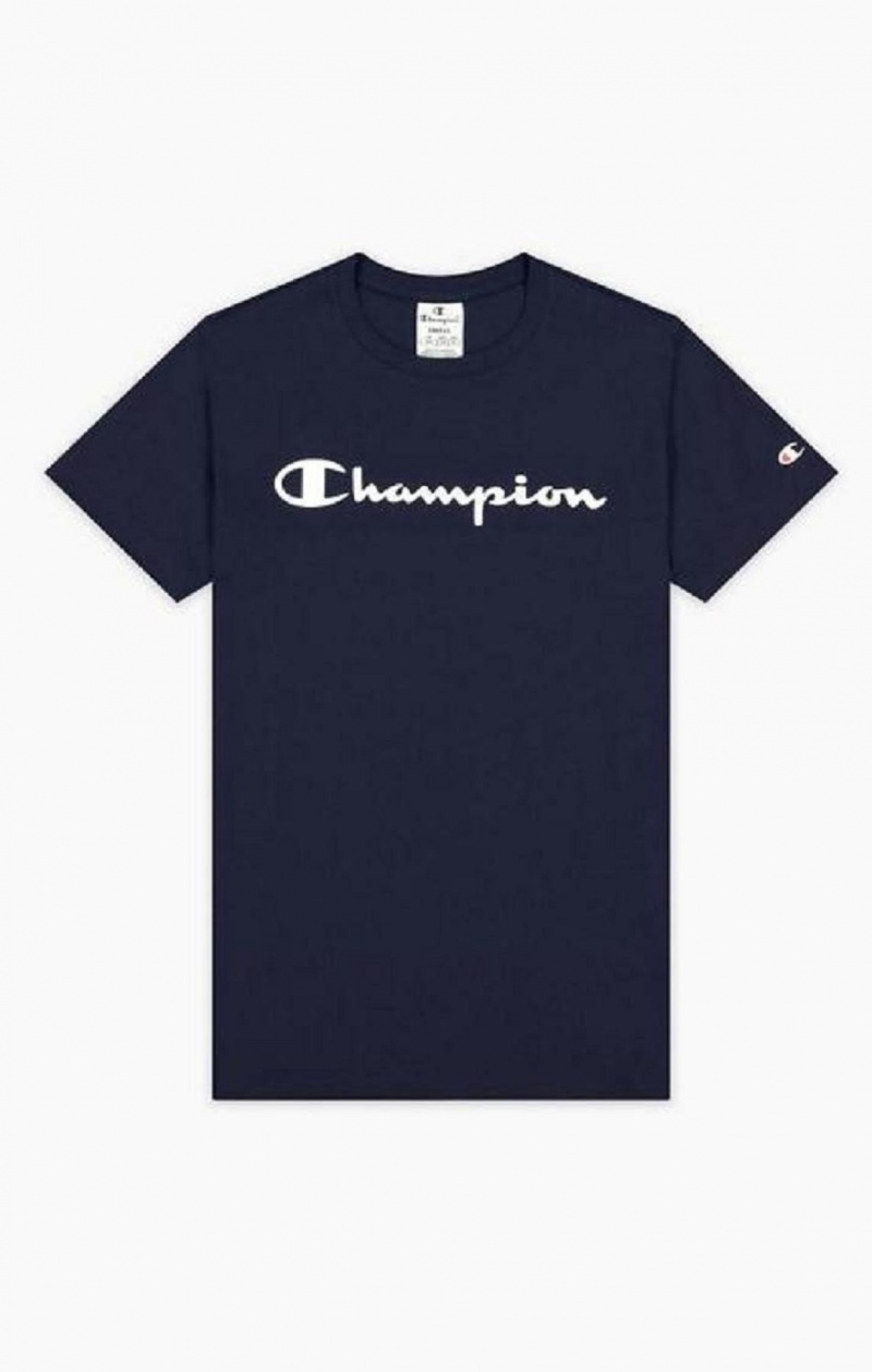 Camiseta Champion Rubber Script Logo T-Shirt Azules Oscuro | 7504-AVFHL