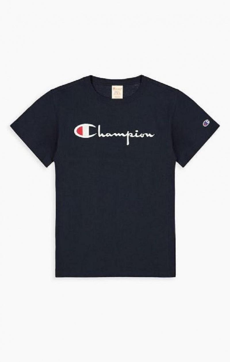 Camiseta Champion Script Logo Crew Neck T-Shirt Azules Oscuro | 2180-ZQJTK