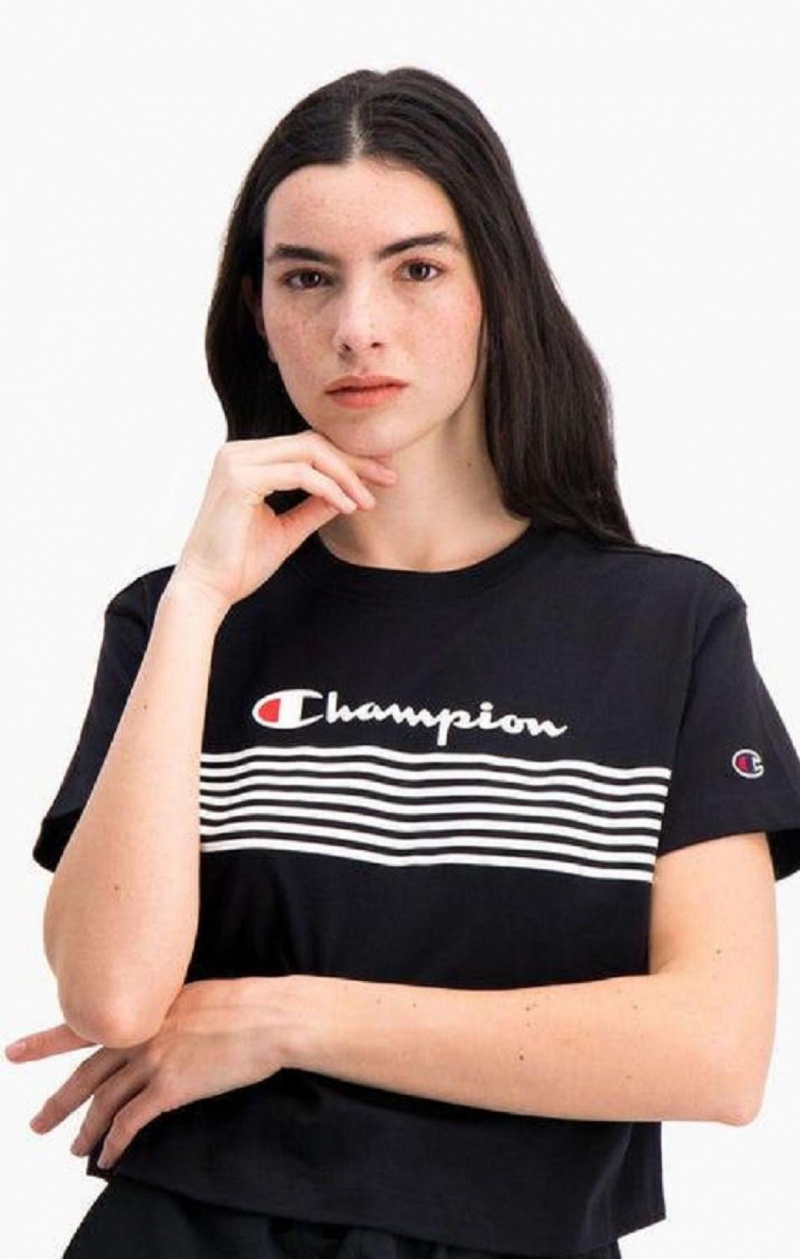 Camiseta Champion Script Logo Stripe Curved Hem Cropped T-Shirt Negras | 7504-QJAYK