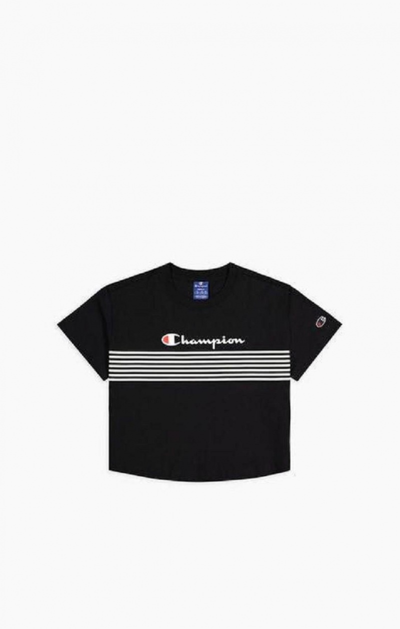 Camiseta Champion Script Logo Stripe Curved Hem Cropped T-Shirt Negras | 7504-QJAYK