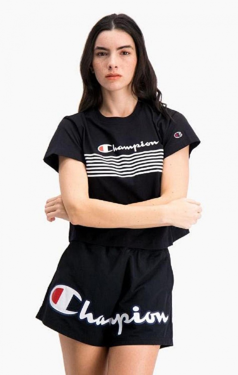 Camiseta Champion Script Logo Stripe Curved Hem Cropped T-Shirt Negras | 7504-QJAYK