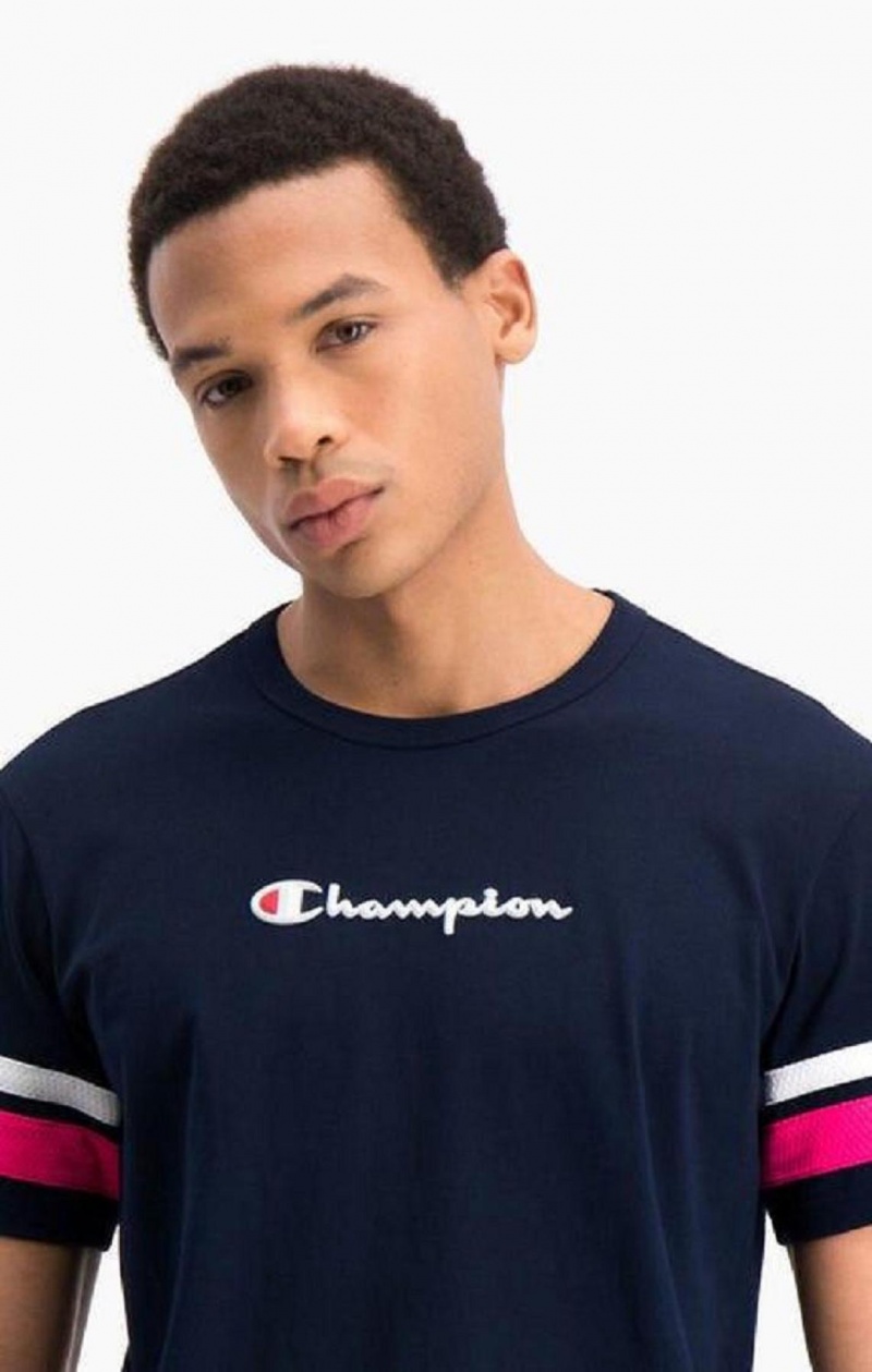 Camiseta Champion Stripe Detail Script Logo T-Shirt Azules | 1256-HYJTL