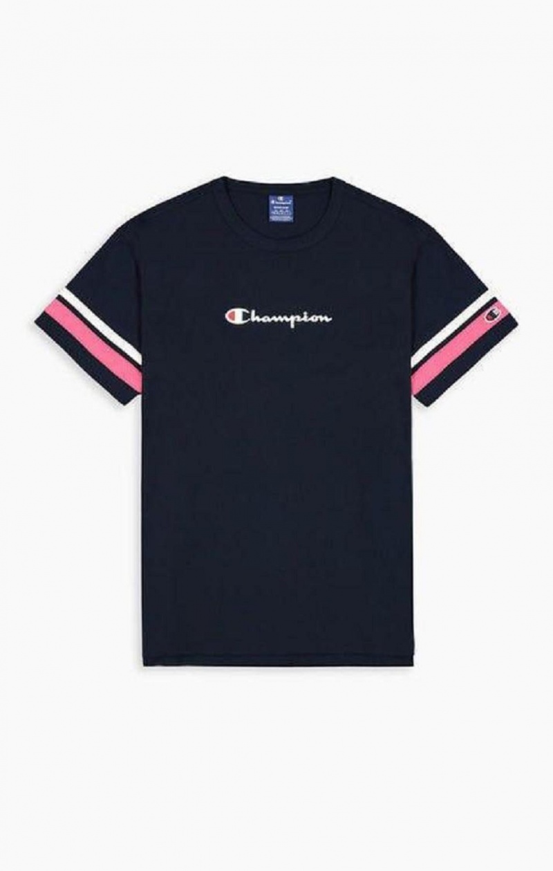 Camiseta Champion Stripe Detail Script Logo T-Shirt Azules | 1256-HYJTL