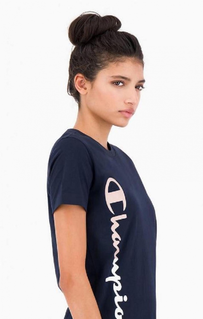 Camiseta Champion Vertical Logo Jersey T-Shirt Azules Oscuro | 9287-VYZBO