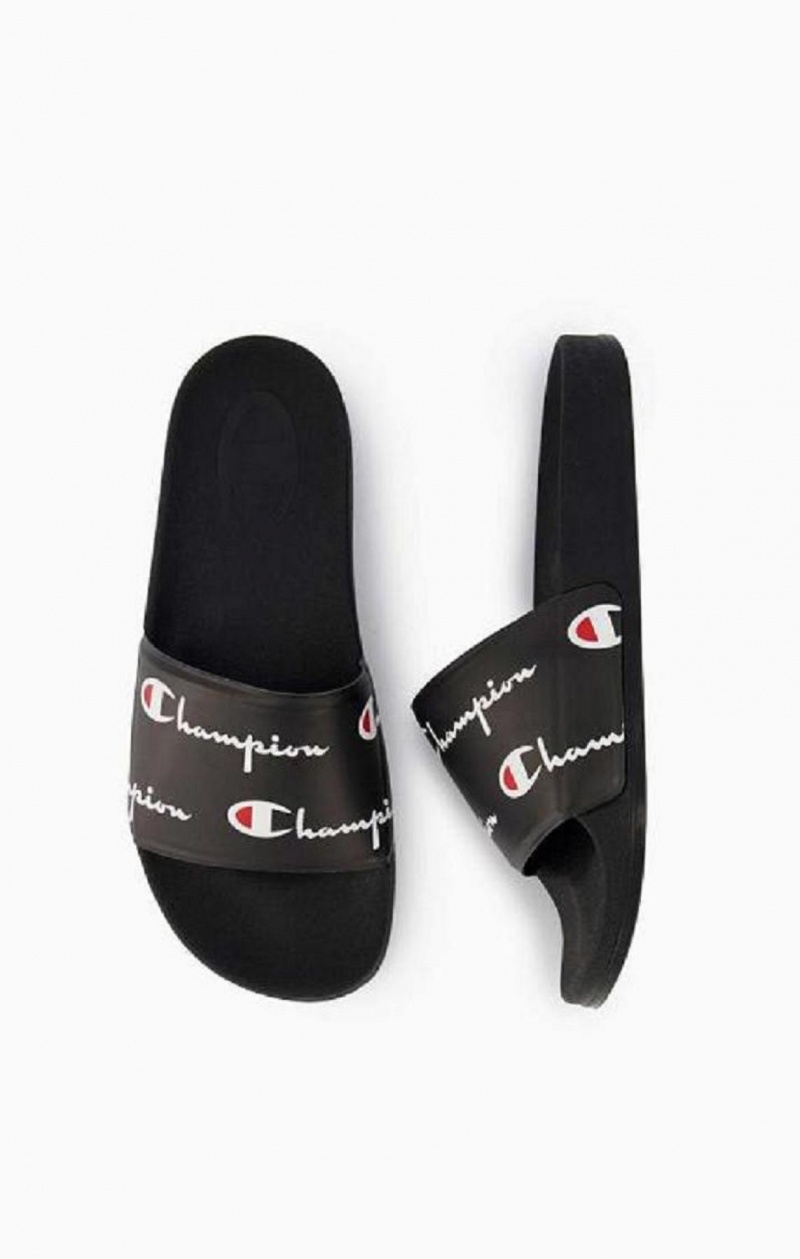 Chanclas Champion Repeat Script Logo Print Pool Slides Negras | 2435-JRBDZ