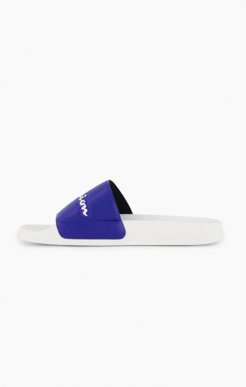 Chanclas Champion Script Logo Pool Slides Blancas Azules | 6092-VNYCP