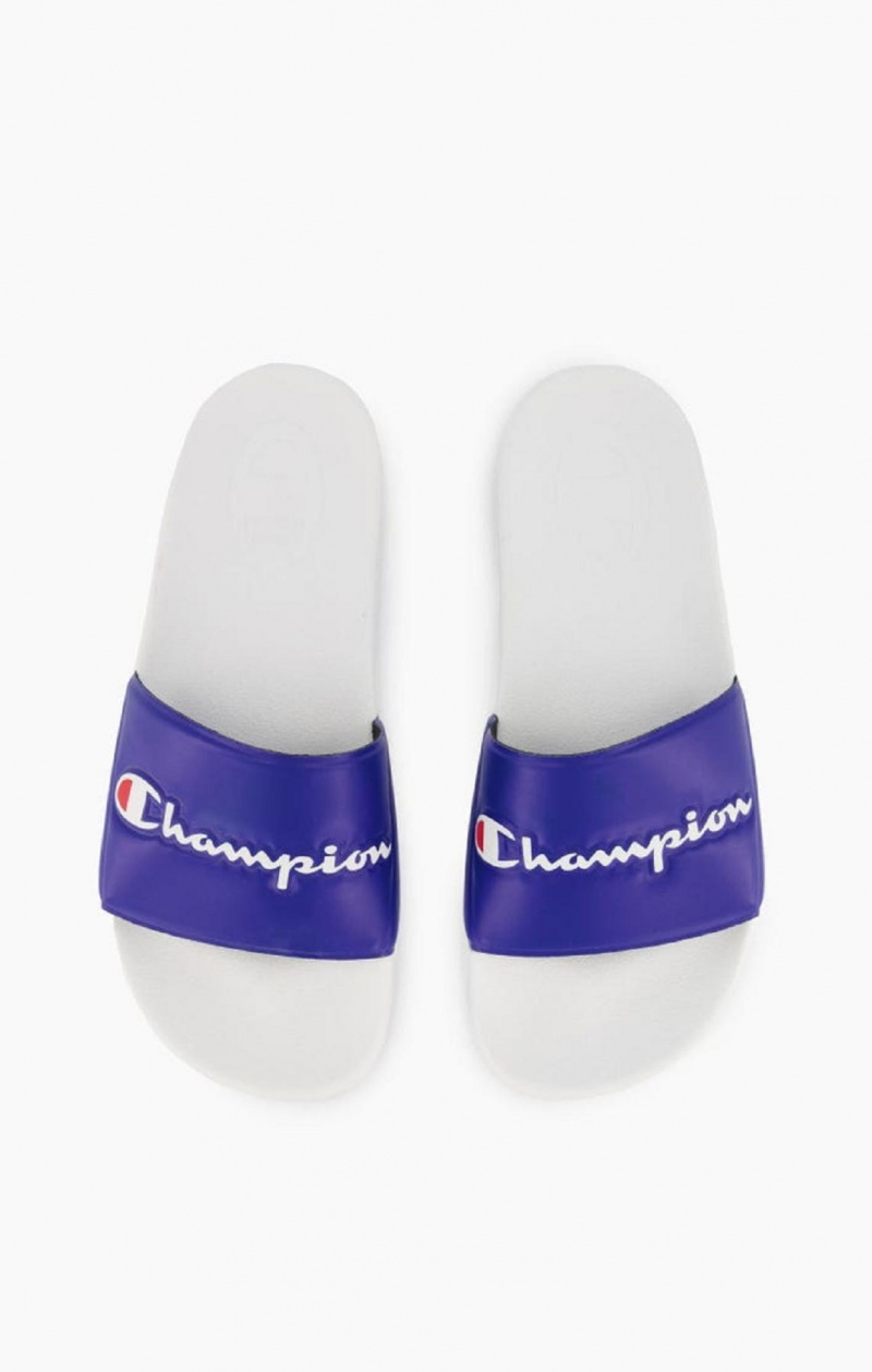 Chanclas Champion Script Logo Pool Slides Blancas Azules | 6092-VNYCP