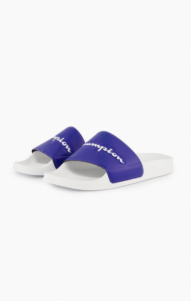 Chanclas Champion Script Logo Pool Slides Blancas Azules | 6092-VNYCP