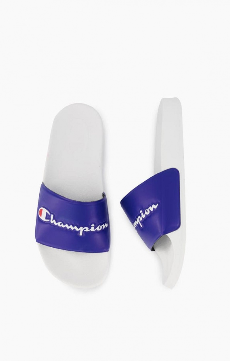 Chanclas Champion Script Logo Pool Slides Blancas Azules | 6092-VNYCP