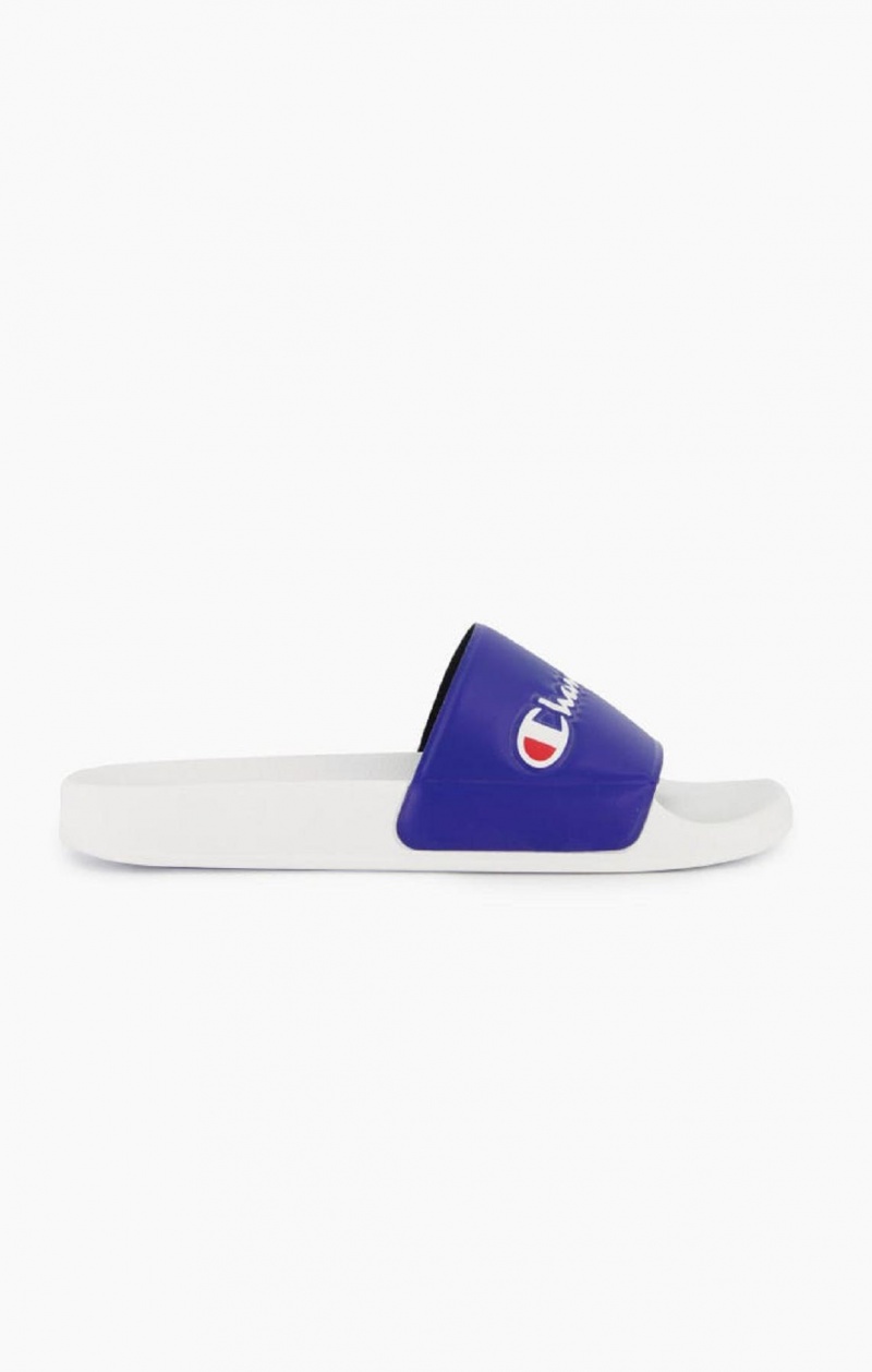 Chanclas Champion Script Logo Pool Slides Blancas Azules | 6092-VNYCP