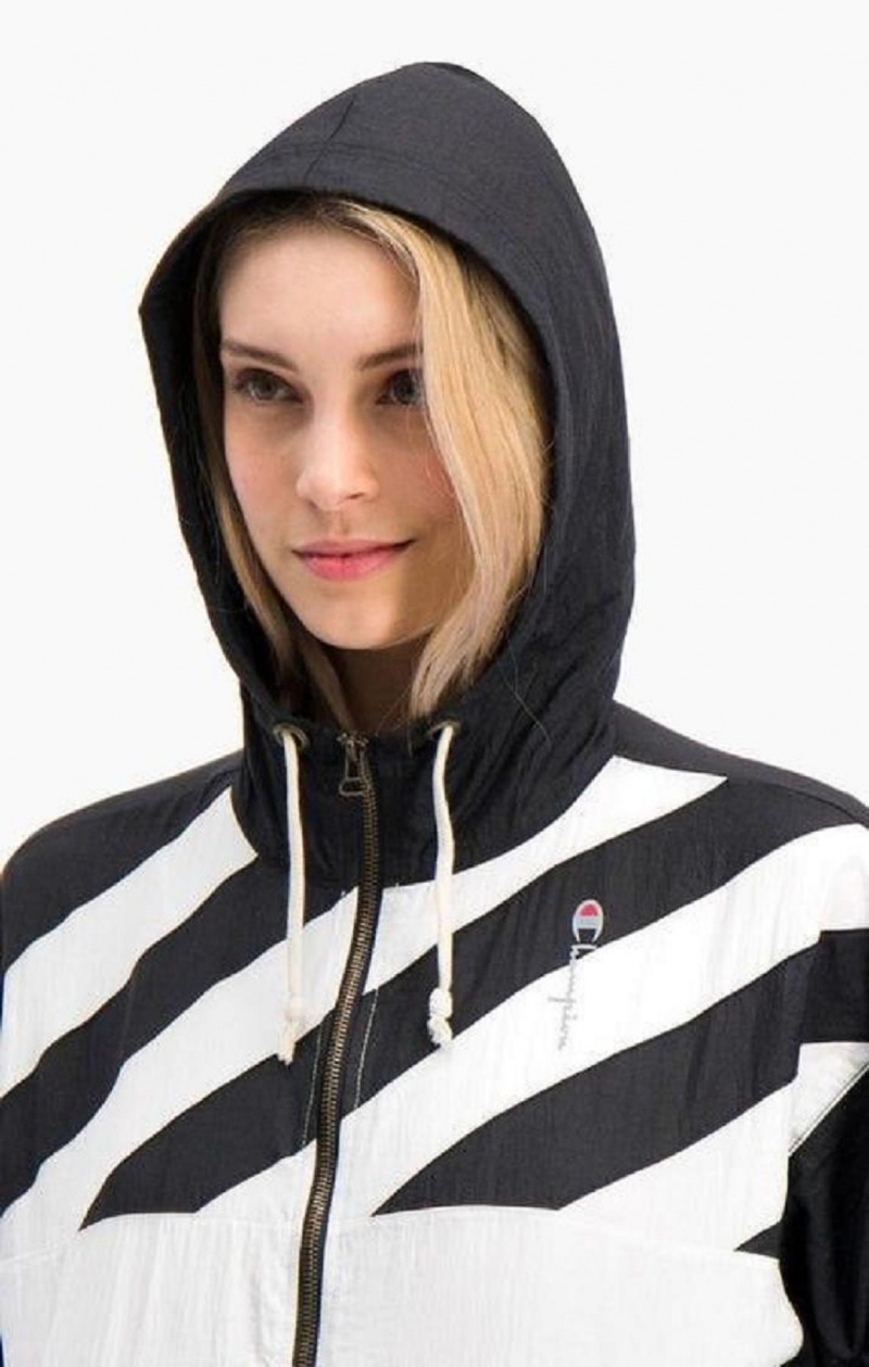 Chaquetas Champion Diagonal Stripe Encapuchado Rain Jacket Negras Blancas | 0367-ODBHT