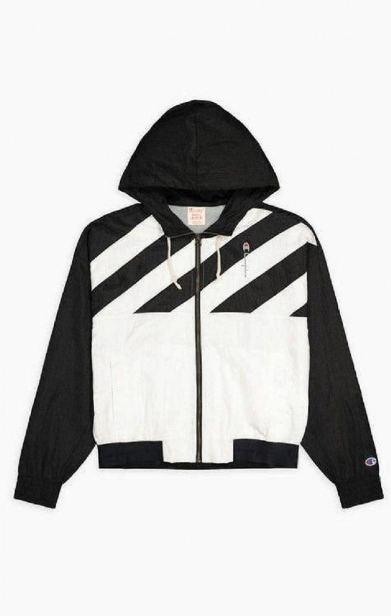 Chaquetas Champion Diagonal Stripe Encapuchado Rain Jacket Negras Blancas | 0367-ODBHT