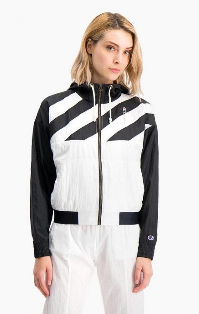 Chaquetas Champion Diagonal Stripe Encapuchado Rain Jacket Negras Blancas | 0367-ODBHT