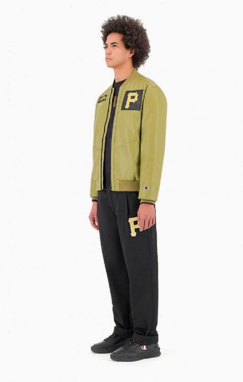 Chaquetas Champion Pittsburgh MLB Fake Cuero Bomber Jacket Verde Oliva Verde | 9045-ZJTLY