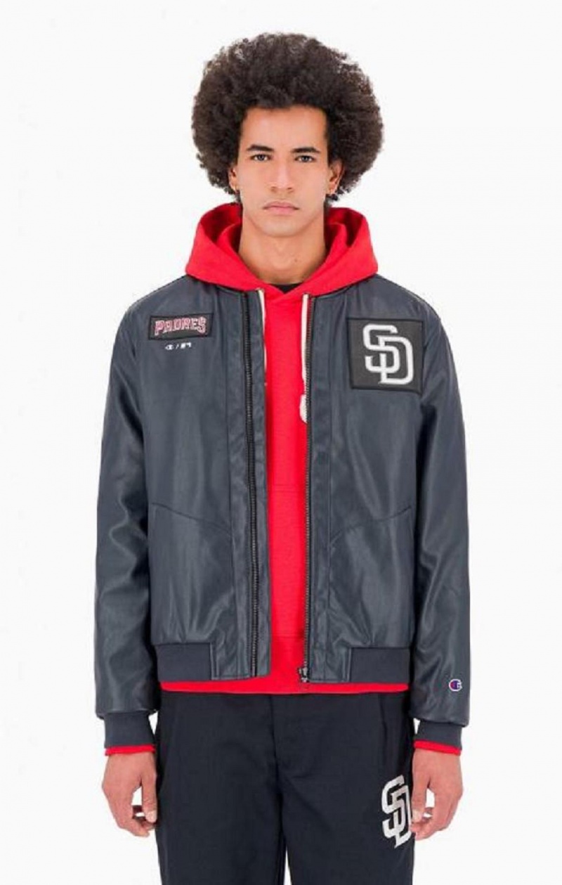 Chaquetas Champion San Diego MLB Fake Cuero Bomber Jacket Azules Oscuro | 7306-XUKRH