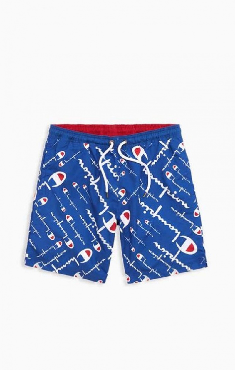 Ropa de Baño Champion All-over Script Logo Print Board Shorts Azules | 6527-IWXTH