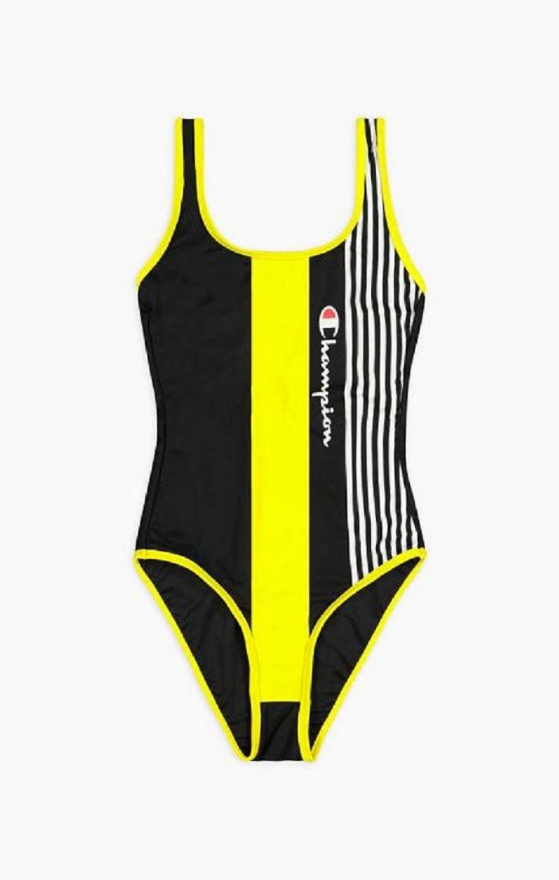 Ropa de Baño Champion Estampadas Stripe Logo Scoop Back Swimsuit Negras | 9012-ZSHGT