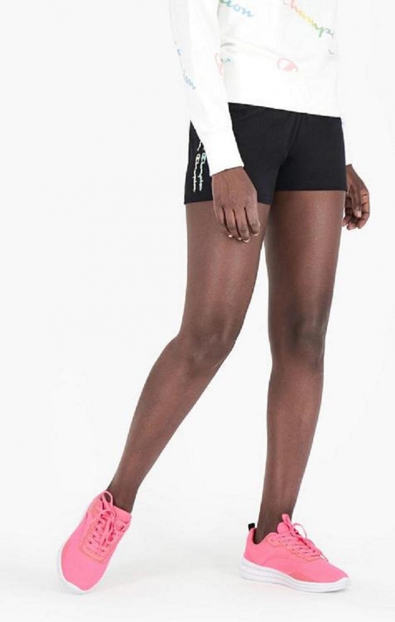 Short Champion Script Logo Print Shorts Negras | 2145-DHLFJ