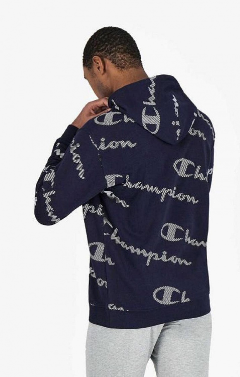 Sudadera con Capucha Champion All-Over A Rayas Effect Script Logo Print Hoodie Azules Oscuro | 8216-VCXWD