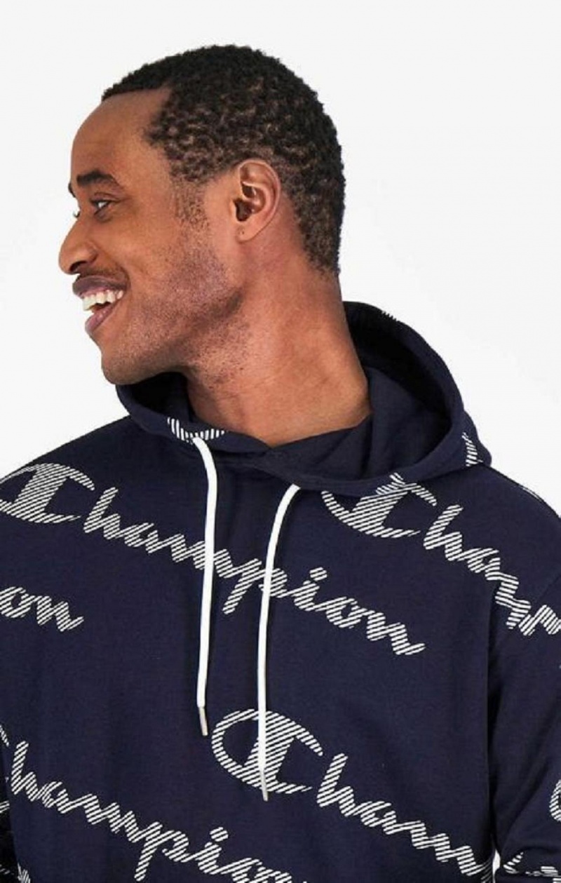 Sudadera con Capucha Champion All-Over A Rayas Effect Script Logo Print Hoodie Azules Oscuro | 8216-VCXWD