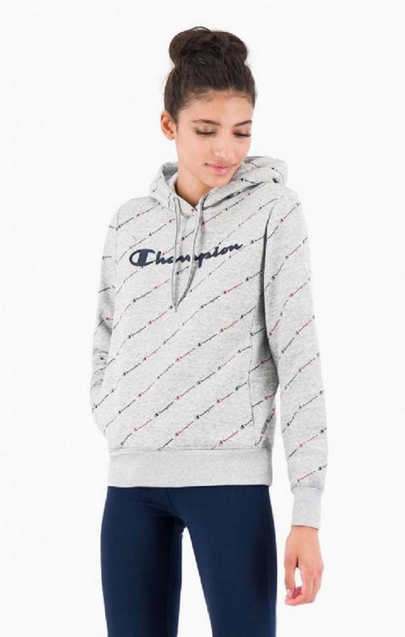 Sudadera con Capucha Champion All-Over Script Logo Hoodie Gris Claro | 5034-JRHYS