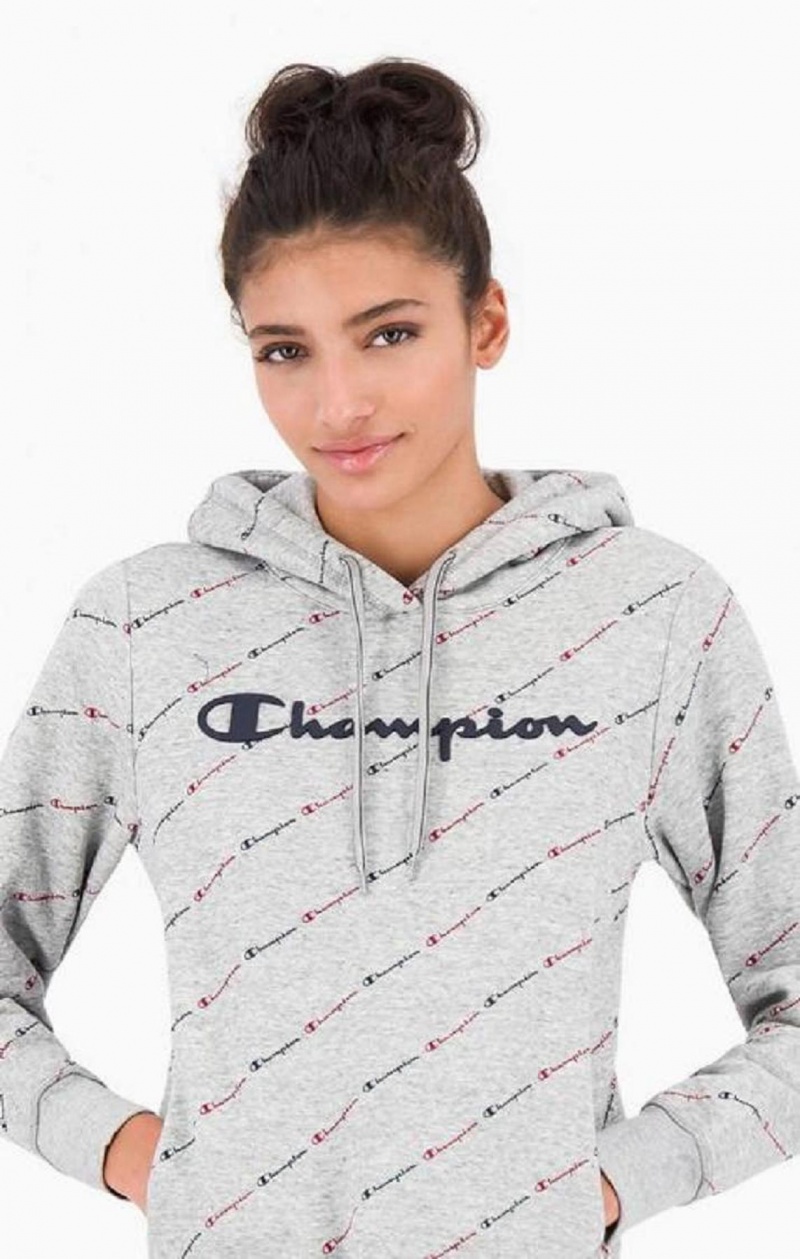 Sudadera con Capucha Champion All-Over Script Logo Hoodie Gris Claro | 5034-JRHYS